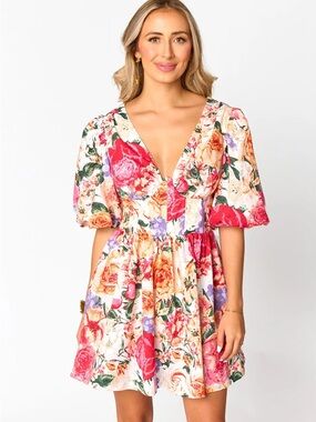 NWT Buddy Love Floral Puff Sleeve V-Neck Mini Dress in Pink Multi